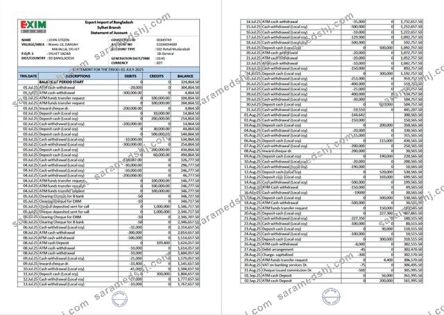 Bangladesh Exim Bank statement of account Word and PDF template, 2 pages